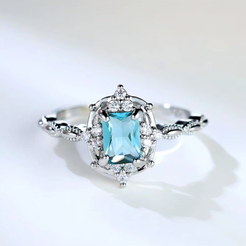 NEW 14k White Gold Aquamarine Diamond Ring Emerald Cut